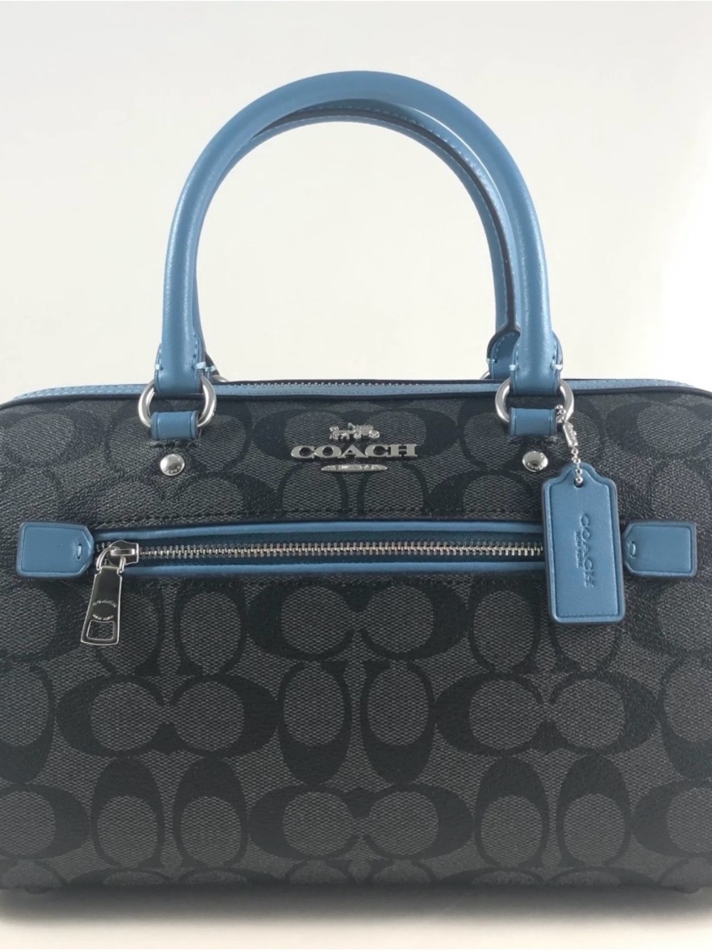Coach ROWAN Black Signature Satchel with Blue Trim